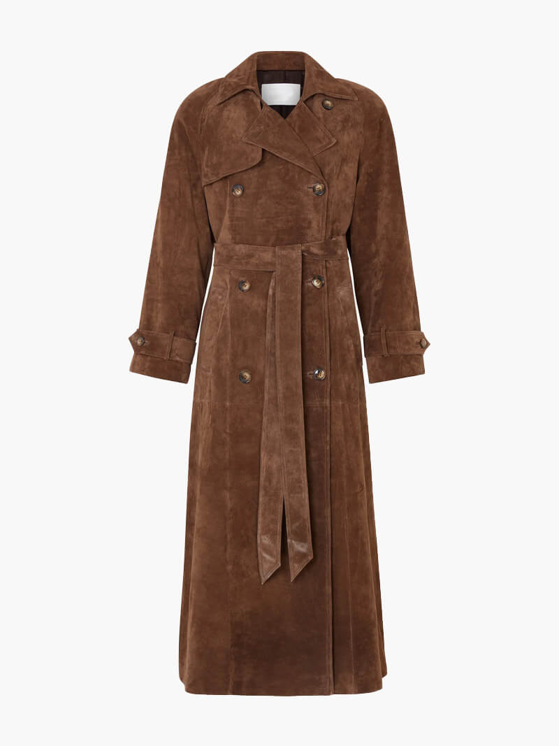 Dames Lange Suède Trenchcoat met Tailleceintuur