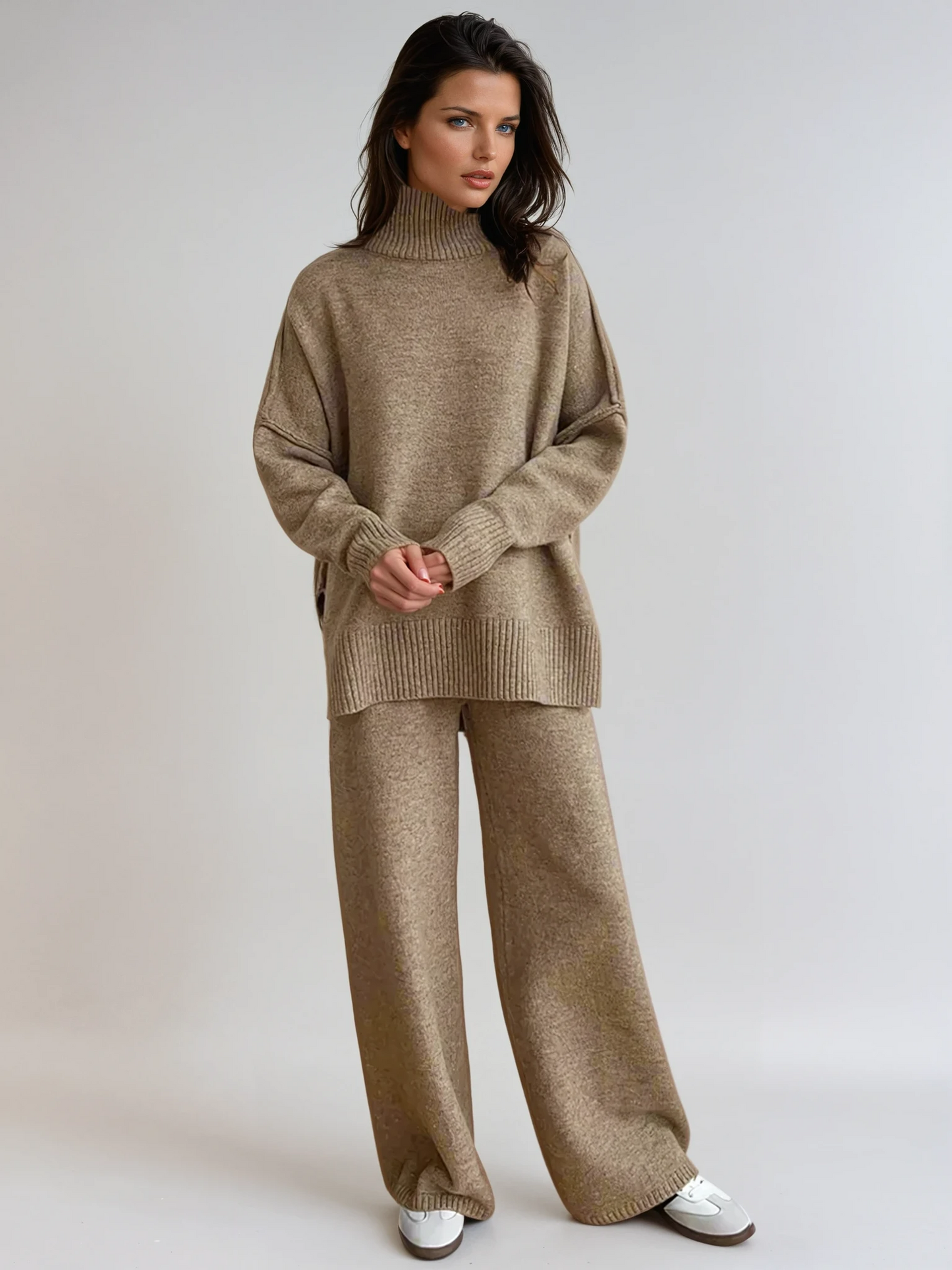 Zachte Gebreide Loungewear Set Dames | Slouchy Coltrui en Wijde Pijpen, Comfortabel en Casual