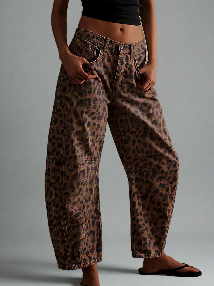 Dames Barrel Jeans Luipaardprint, Wijde Pijp
