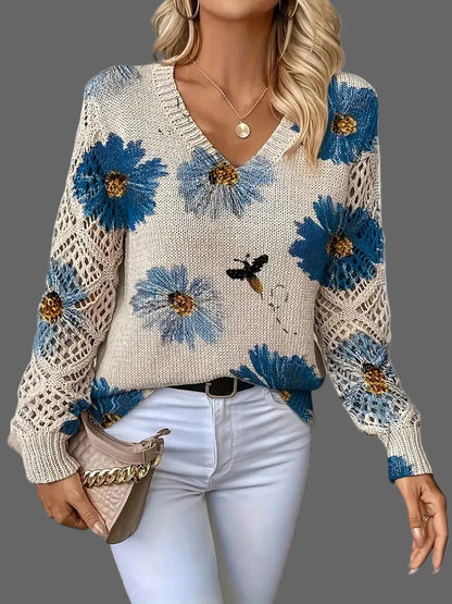 Auréley Dames Trui | Luchtig Gebreid met Bloemen, V-Hals, Comfortabel 0