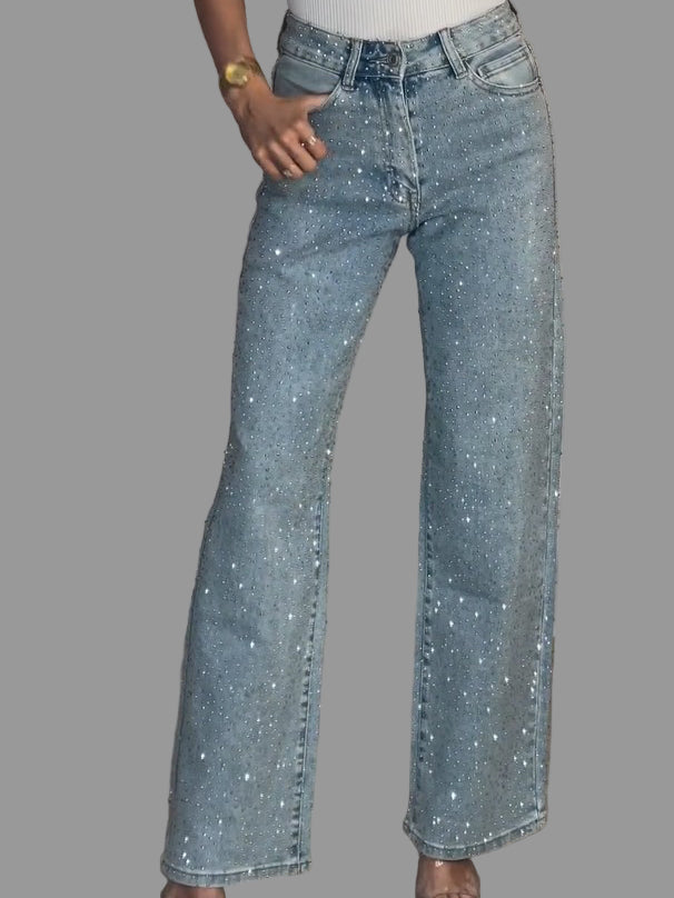 Dazzle Hoge Taille Rechte Jeans | Gestructureerd Katoen, Glamoureuze Diamantédetails 0