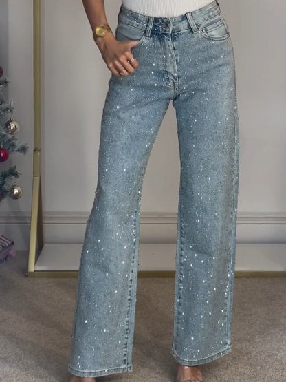 Dazzle Hoge Taille Rechte Jeans | Gestructureerd Katoen, Glamoureuze Diamantédetails