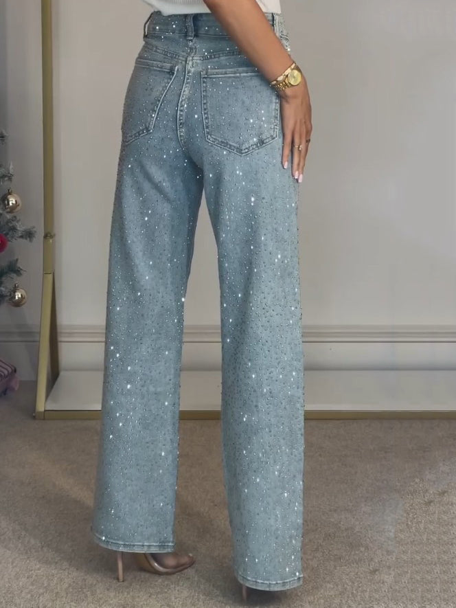Dazzle Hoge Taille Rechte Jeans | Gestructureerd Katoen, Glamoureuze Diamantédetails 2
