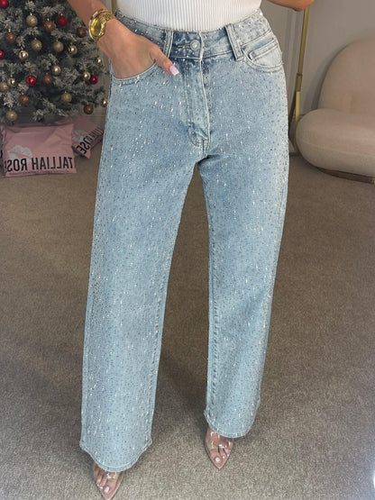 Dazzle Hoge Taille Rechte Jeans | Gestructureerd Katoen, Glamoureuze Diamantédetails 3