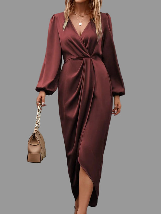 Elegante Maxi Jurk | Dames Lange Jurk, Satijnen Afwerking, V-Hals en Klokmouwen voor Zomeravonden 0