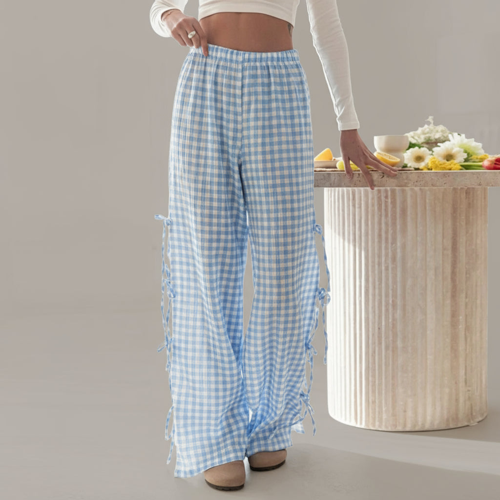 Gingham Broek Dames | Wijde Pijpen, Hoge Taille Katoenmix 0