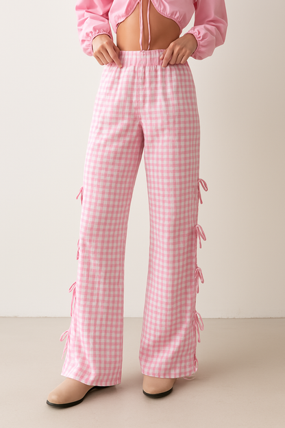 Gingham Broek Dames | Wijde Pijpen, Hoge Taille Katoenmix 4
