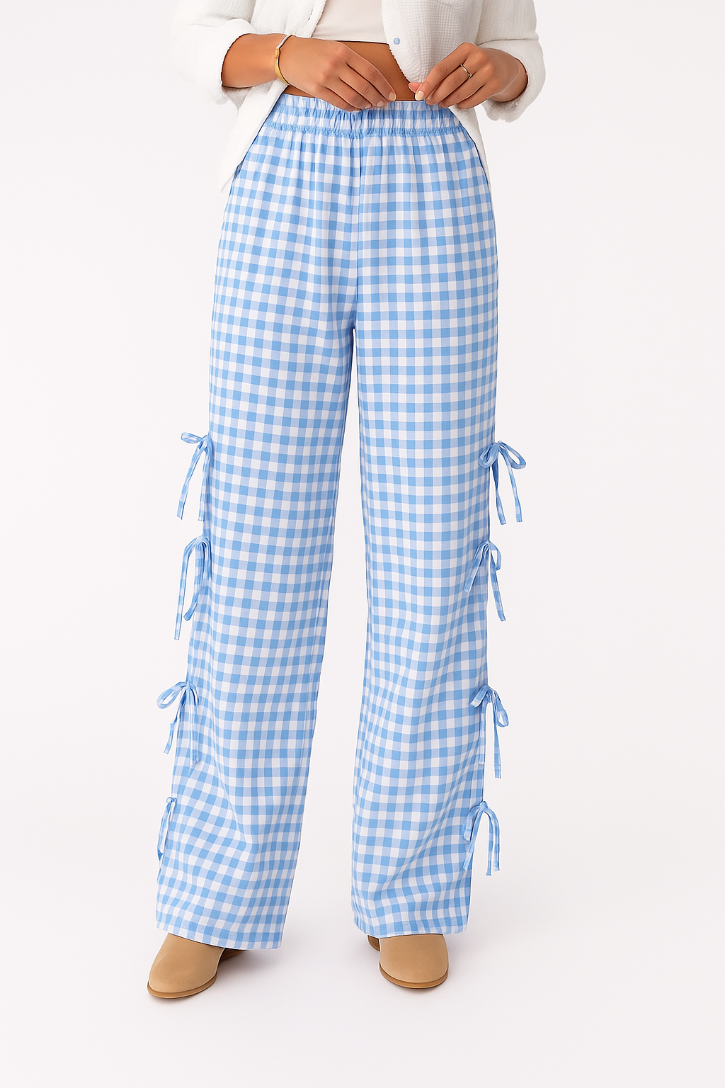 Gingham Broek Dames | Wijde Pijpen, Hoge Taille Katoenmix 5
