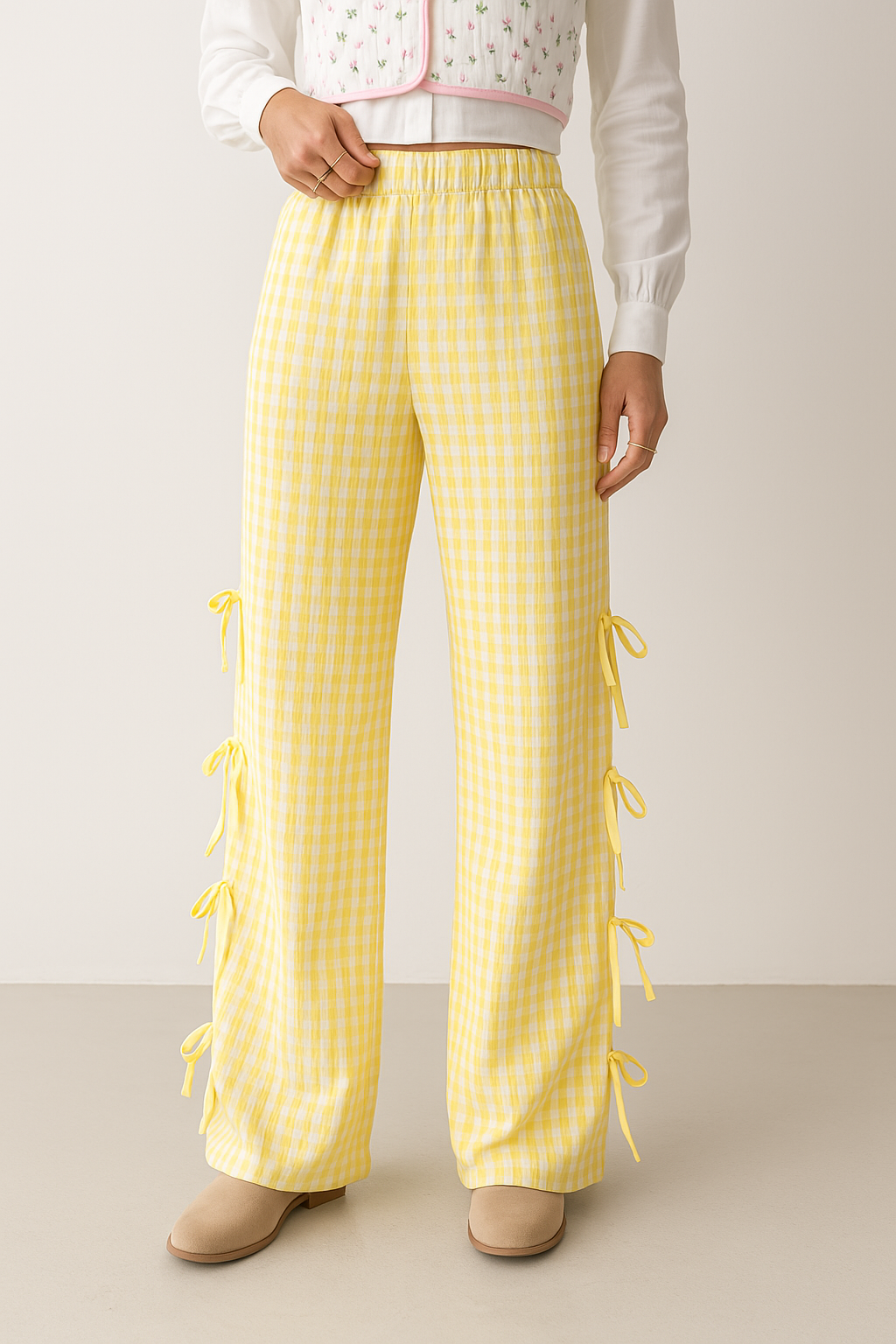 Gingham Broek Dames | Wijde Pijpen, Hoge Taille Katoenmix 6