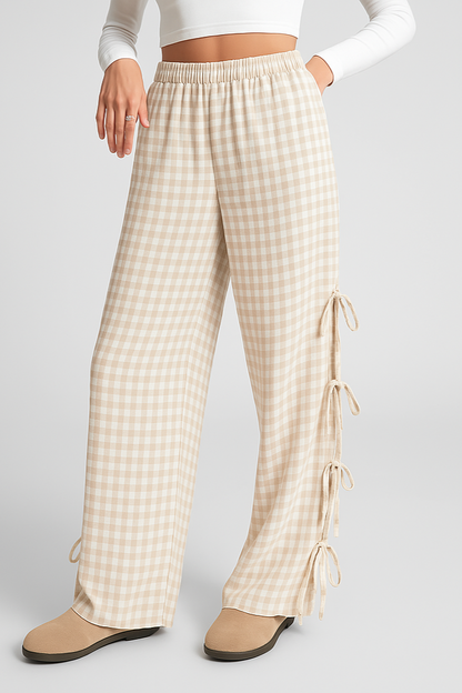 Gingham Broek Dames | Wijde Pijpen, Hoge Taille Katoenmix 7