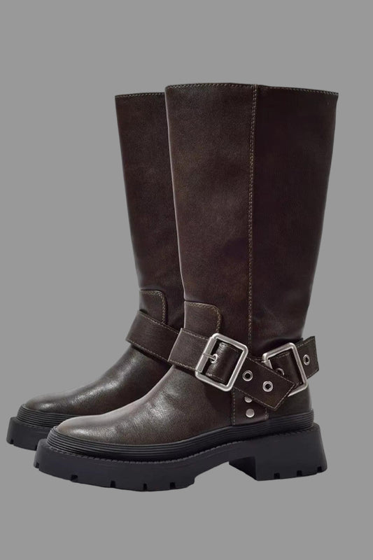 Kim Kniehoge Laarzen | Retro Gesp, Dikke Platte Zool, Kunstleer 0