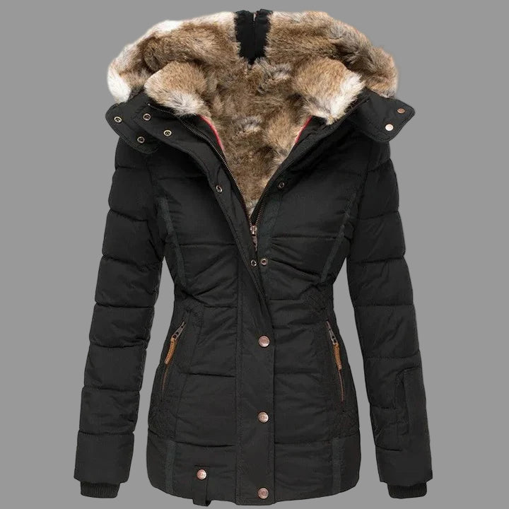 Lina Dames Winterjas | Gewatteerde Lange Jas met Verwijderbare Bontkap 0