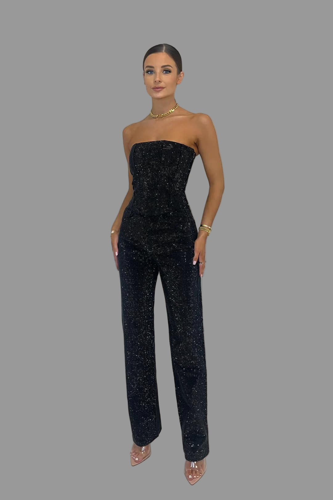 Liora Damesbroekenset | Glinsterende Top en Hoge Taille Jeans 0