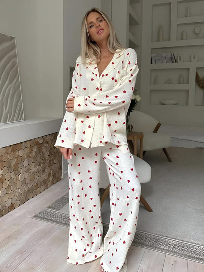 Lola Dames Pyjama Set | 100% Katoen, Comfortabel met Hartjesprint 1