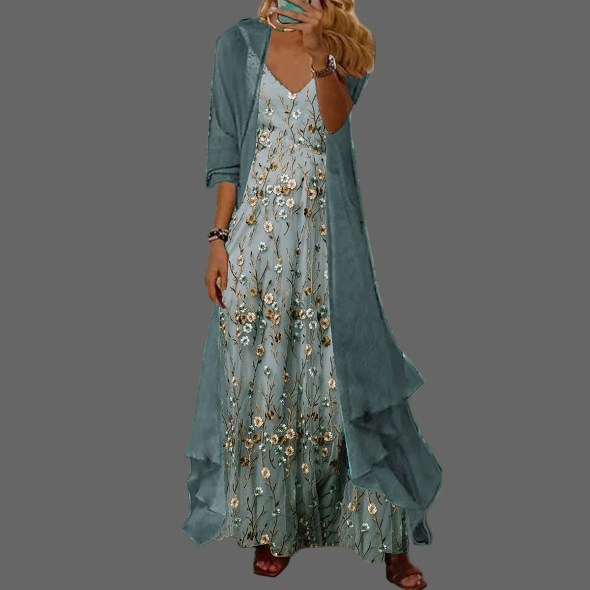 Mara Dames Maxi Jurk Set | Luchtige Bloemenprint, Elegante Lange Jurk 0