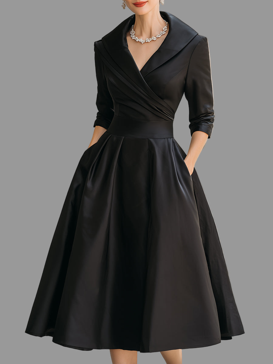 Mila Dames Midi Jurk | Luxe Satijn met Gedrapeerde Kraag en Lange Mouwen 0