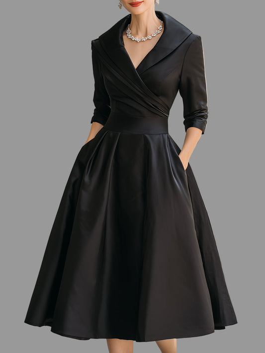 Mila Dames Midi Jurk | Luxe Satijn met Gedrapeerde Kraag en Lange Mouwen 0