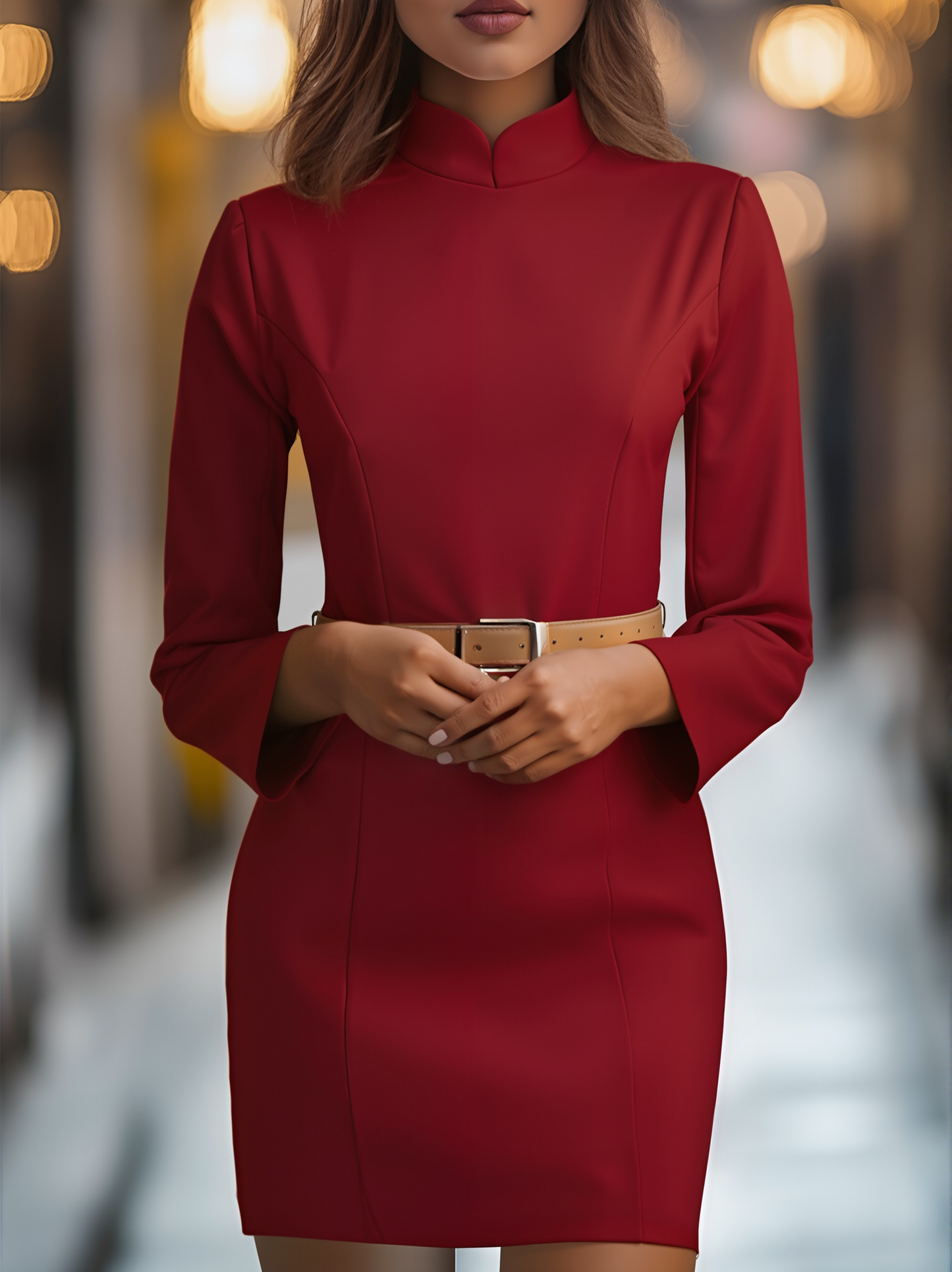 Mira Lange Jurk Dames | Effen Polyester met Mandarijnkraag, Feestelijke Kleding Dames 4