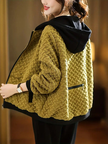 Mirelle Dames Hoodie | Gewatteerd, Zwart Basketweave Patroon