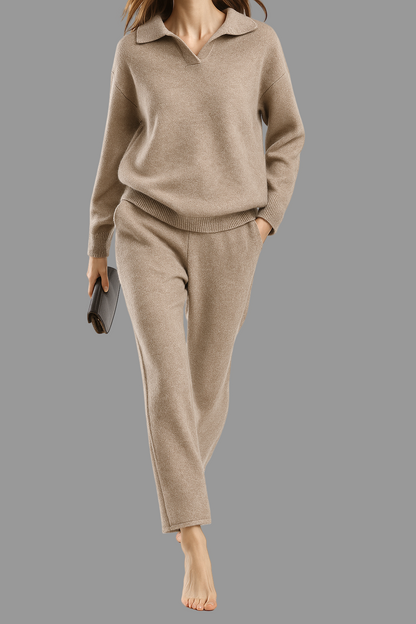 Palermo Gebreide Poloset Dames | Comfy Tweedelige Set met Hoge Taille en Polokraag 0