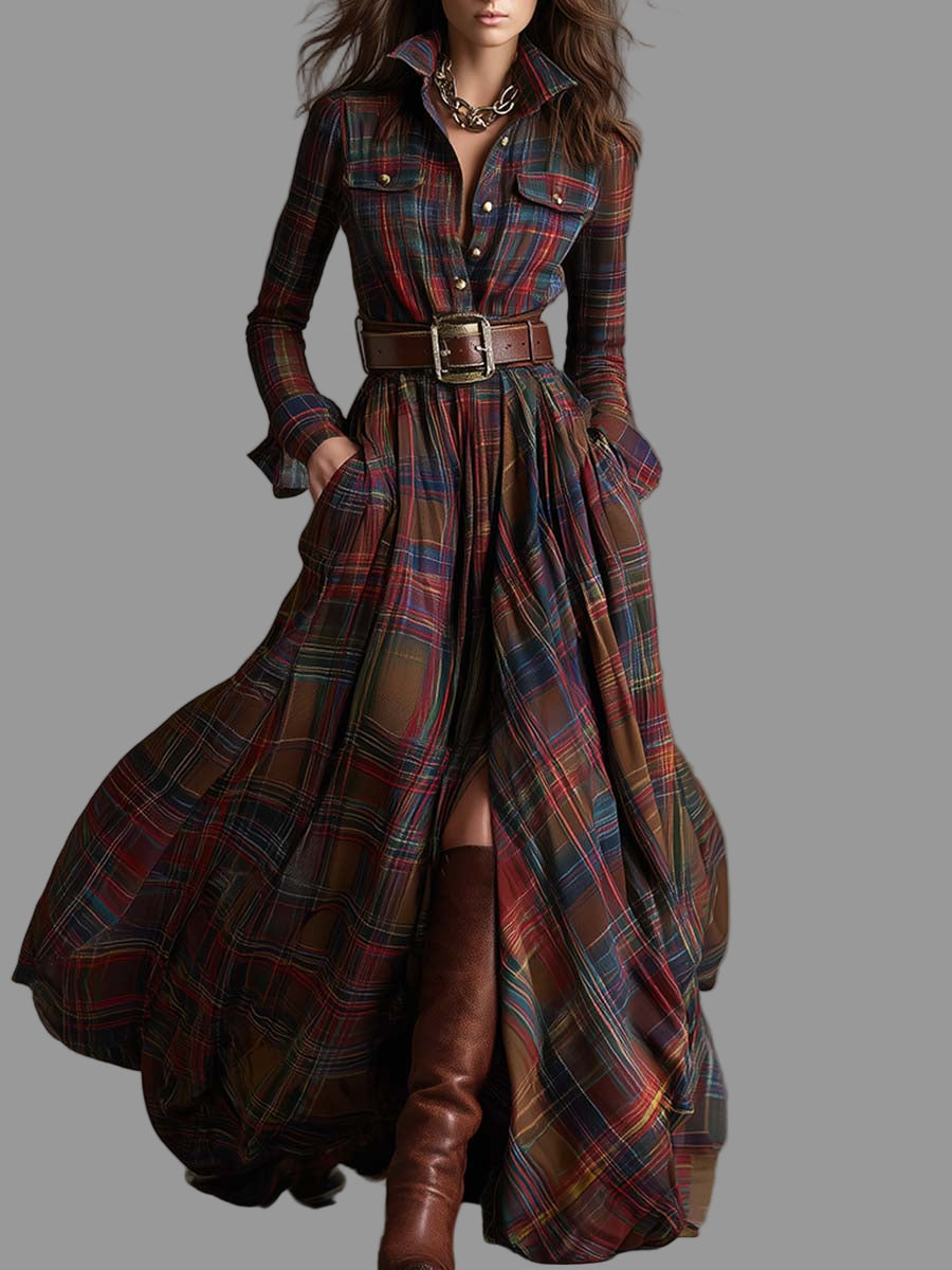 Roodbruine Maxi-jurk voor Vrouwen | Etnische Stijl met Revers 0