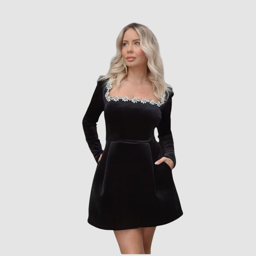 Velvet Mini Jurk Dames, Lange Mouw, Elegant A-Lijn