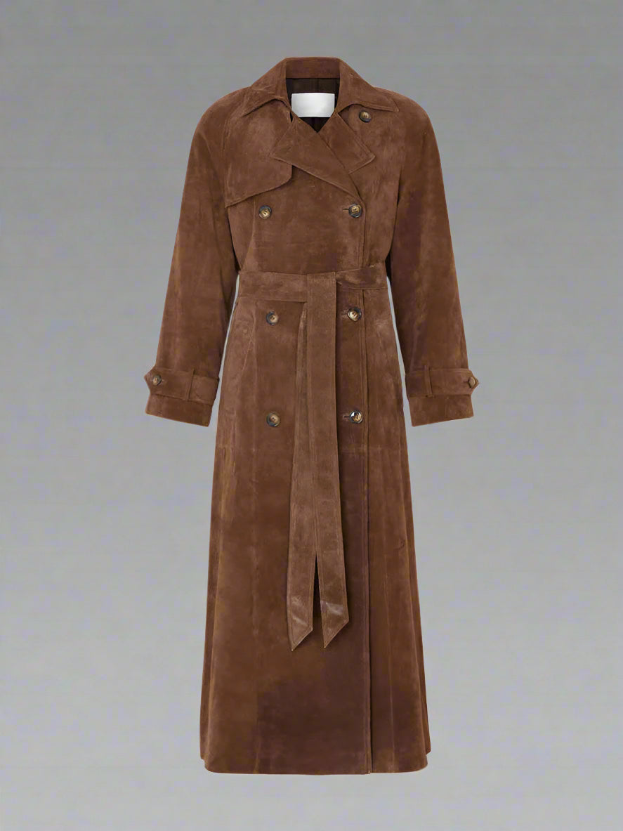 Dames Lange Suède Trenchcoat met Tailleceintuur