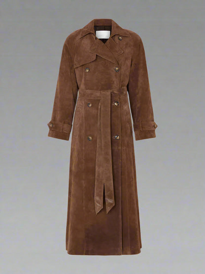 Dames Lange Suède Trenchcoat met Tailleceintuur