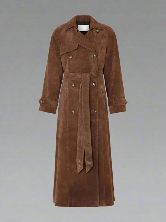 Dames Lange Suède Trenchcoat met Tailleceintuur