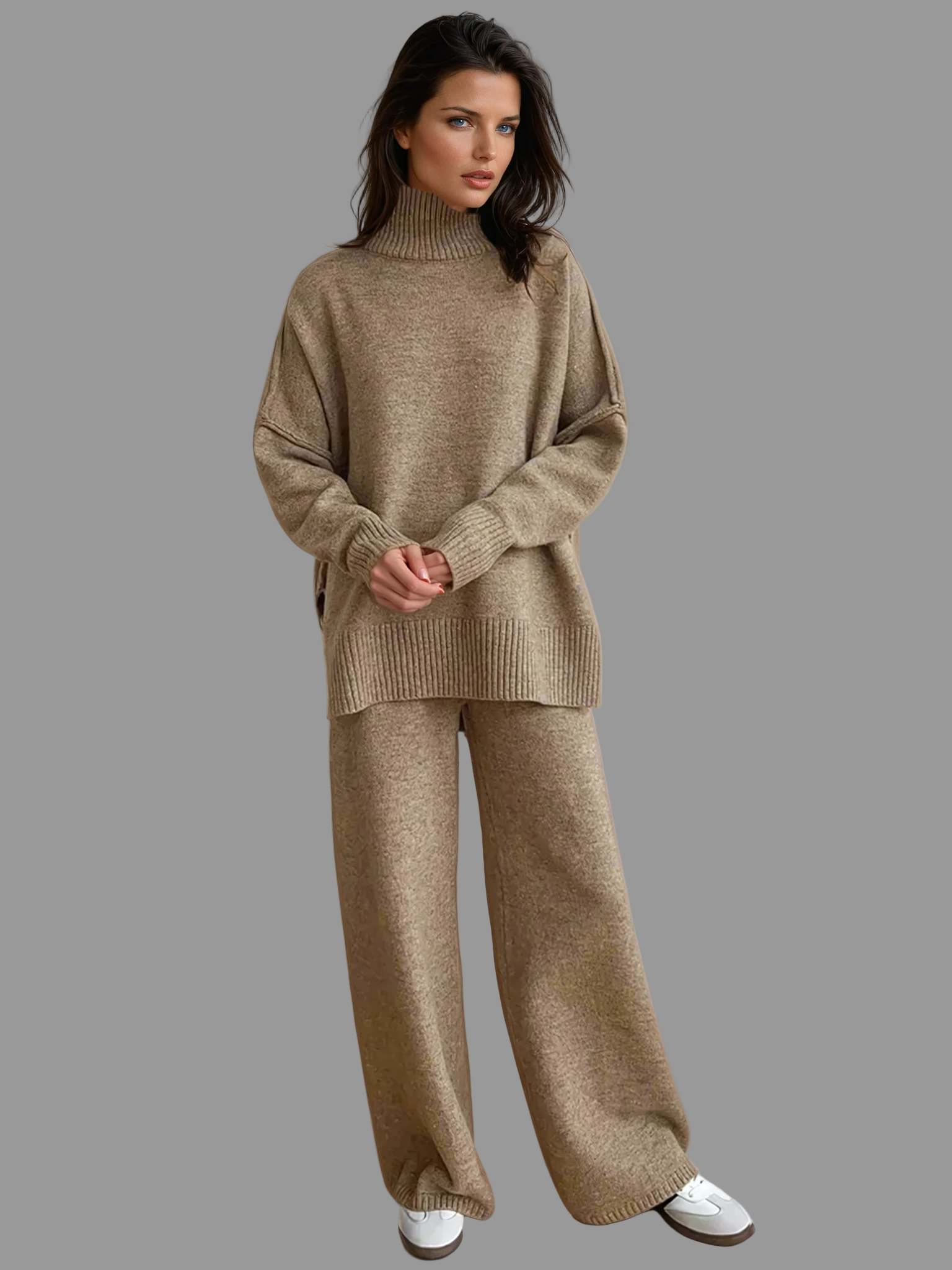 Zachte Gebreide Loungewear Set Dames | Slouchy Coltrui en Wijde Pijpen, Comfortabel en Casual 0