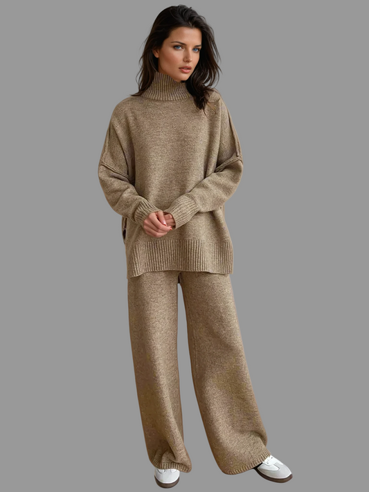 Zachte Gebreide Loungewear Set Dames | Slouchy Coltrui en Wijde Pijpen, Comfortabel en Casual 0