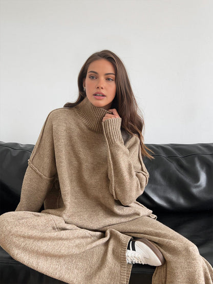 Zachte Gebreide Loungewear Set Dames | Slouchy Coltrui en Wijde Pijpen, Comfortabel en Casual 4